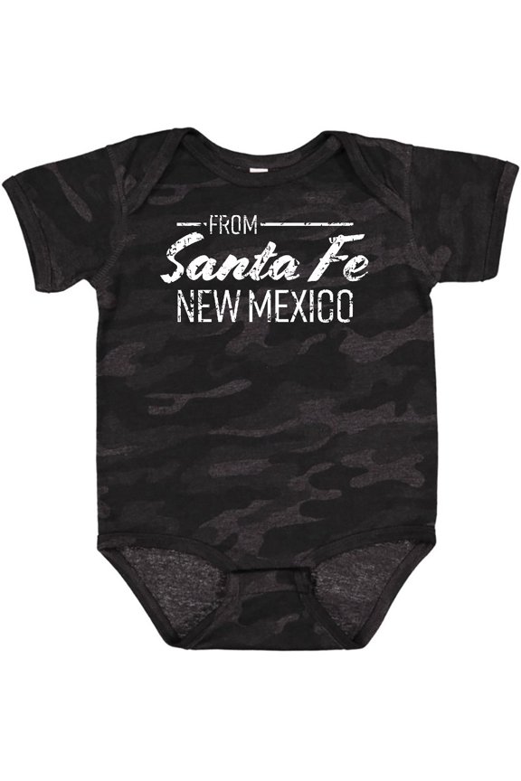 From Santa Fe New Mexico in White Distressed Text Boys or Girls Baby Bodysuit