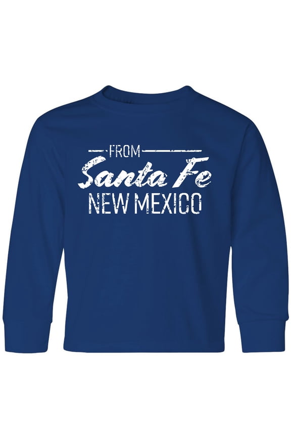 From Santa Fe New Mexico in White Distressed Text Long Sleeve Youth T-Shirt