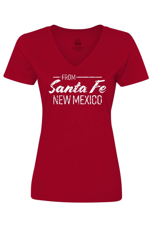 From Santa Fe New Mexico in White Distressed Text Women's V-Neck T-Shirt
