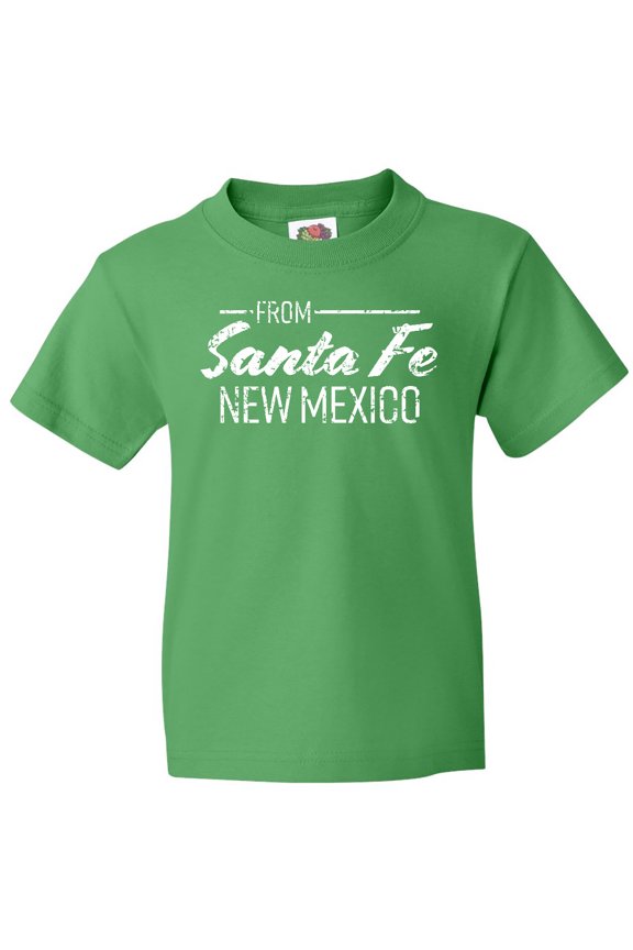 From Santa Fe New Mexico in White Distressed Text Youth T-Shirt