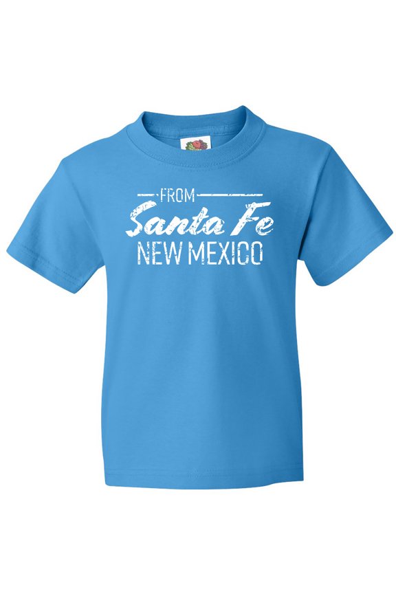 From Santa Fe New Mexico in White Distressed Text Youth T-Shirt