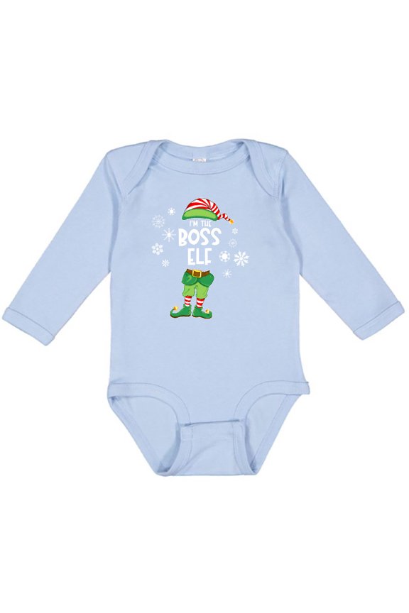 Funny Christmas I'm the Boss Elf with Shoes and Hat Boys or Girls Long Sleeve Baby Bodysuit