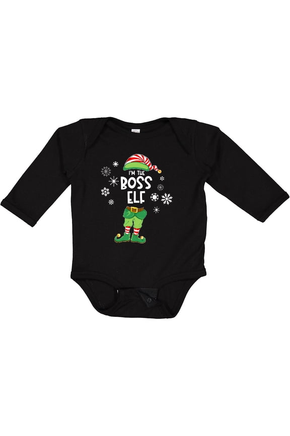 Funny Christmas I'm the Boss Elf with Shoes and Hat Boys or Girls Long Sleeve Baby Bodysuit