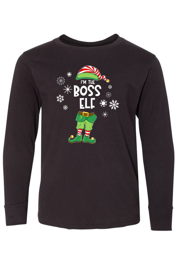 Funny Christmas I'm the Boss Elf with Shoes and Hat Long Sleeve Youth T-Shirt