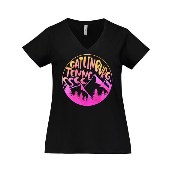 Inktastic Gatlinburg, Tennessee- Mountains in Sunrise Colors Women's Plus Size V-Neck T-Shirt