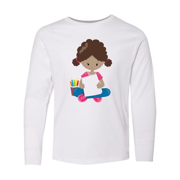 Inktastic Girl Drawing, African American Girl, Coloring Pencils Long Sleeve Youth T-Shirt