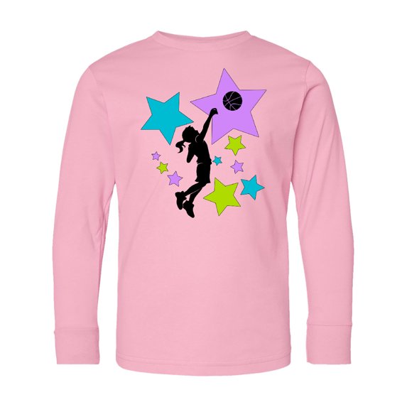 Inktastic Girl Playing Basketball Purple, Blue, Green Stars Long Sleeve Youth T-Shirt