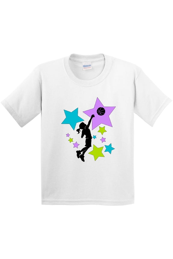 Girl Playing Basketball Purple, Blue, Green Stars Youth T-Shirt