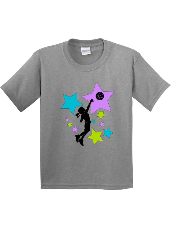 Girl Playing Basketball Purple, Blue, Green Stars Youth T-Shirt