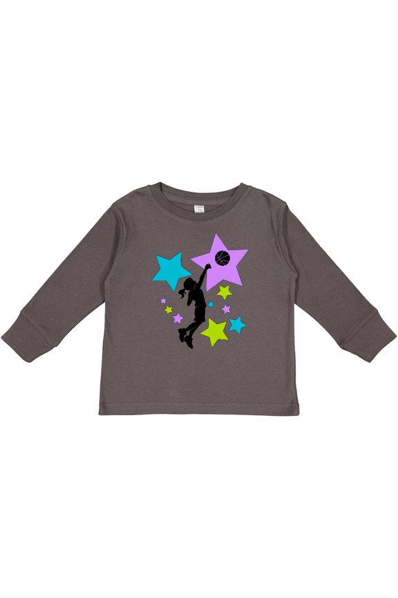 Girl Playing Basketball purple, blue, green stars Boys or Girls Long Sleeve Toddler T-Shirt