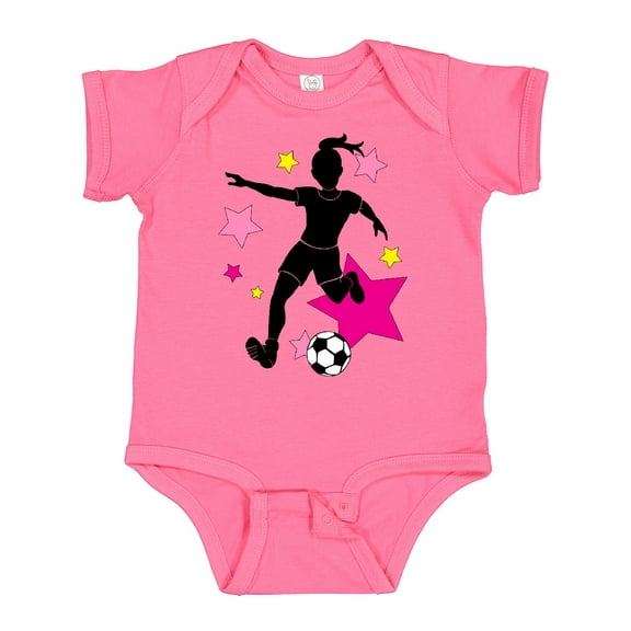 Inktastic Girl Playing Soccer- Pink and Yellow Stars Girls Baby Bodysuit
