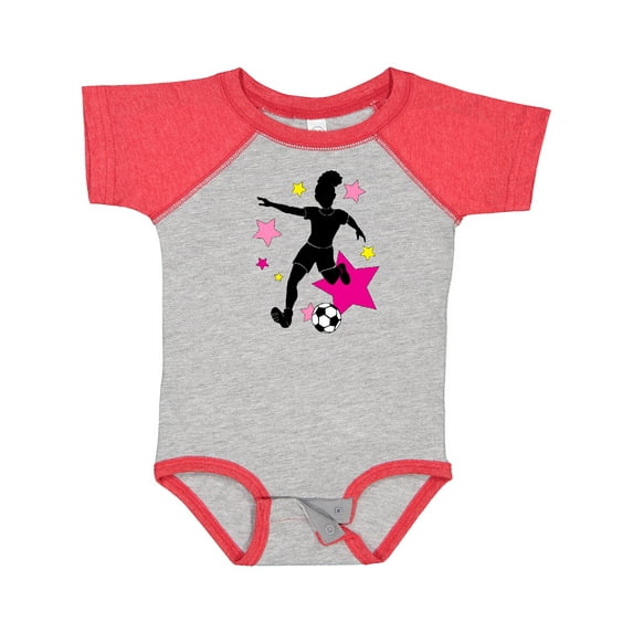 Inktastic Girl Playing Soccer- Pink and Yellow Stars Girls Baby Bodysuit