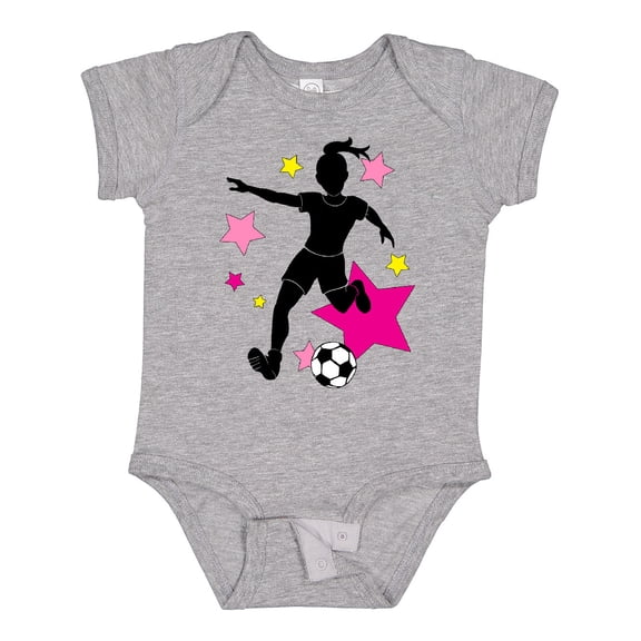 Inktastic Girl Playing Soccer- Pink and Yellow Stars Girls Baby Bodysuit