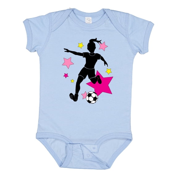 Inktastic Girl Playing Soccer- Pink and Yellow Stars Girls Baby Bodysuit