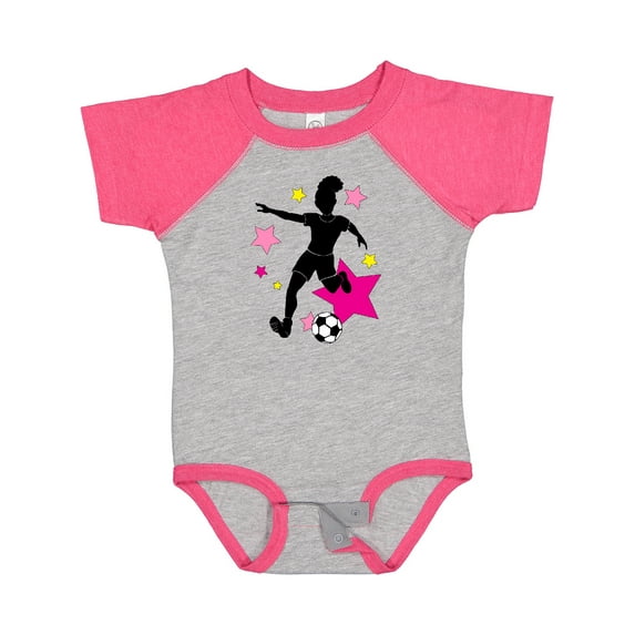 Inktastic Girl Playing Soccer- Pink and Yellow Stars Girls Baby Bodysuit