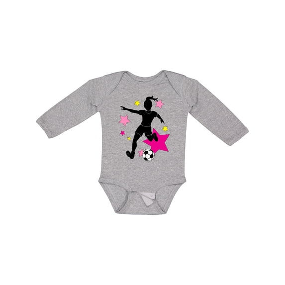 Inktastic Girl Playing Soccer- Pink and Yellow Stars Girls Long Sleeve Baby Bodysuit