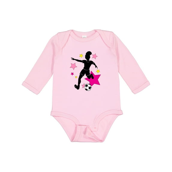Inktastic Girl Playing Soccer- Pink and Yellow Stars Girls Long Sleeve Baby Bodysuit