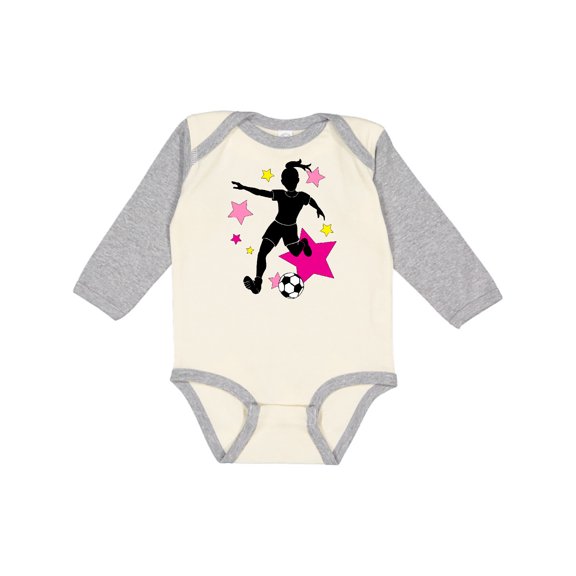 Inktastic Girl Playing Soccer- Pink and Yellow Stars Girls Long Sleeve Baby Bodysuit