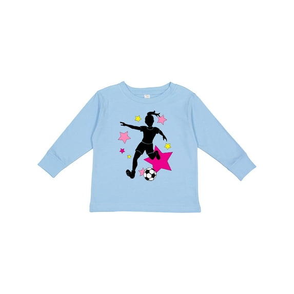 Inktastic Girl Playing Soccer Pink and Yellow Stars Girls Long Sleeve Toddler T-Shirt