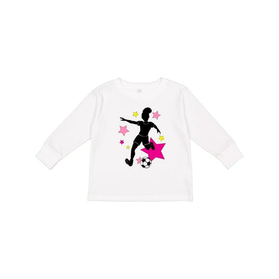 Inktastic Girl Playing Soccer Pink and Yellow Stars Girls Long Sleeve Toddler T-Shirt