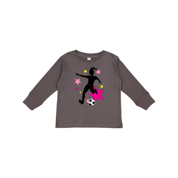 Inktastic Girl Playing Soccer Pink and Yellow Stars Girls Long Sleeve Toddler T-Shirt