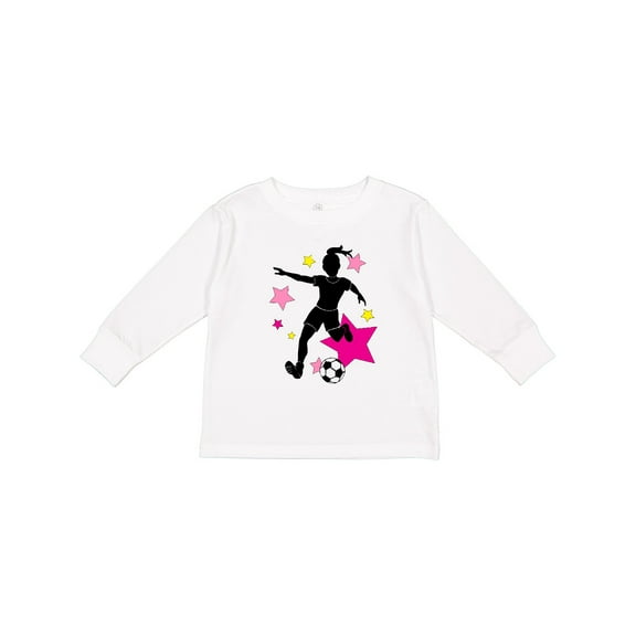 Inktastic Girl Playing Soccer Pink and Yellow Stars Girls Long Sleeve Toddler T-Shirt