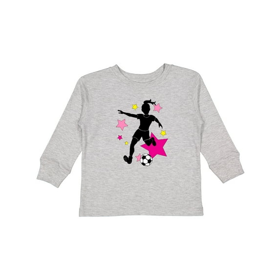 Inktastic Girl Playing Soccer Pink and Yellow Stars Girls Long Sleeve Toddler T-Shirt