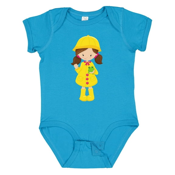 Inktastic Girl With Brown Hair, Yellow Raincoat, Frog Girls Baby Bodysuit