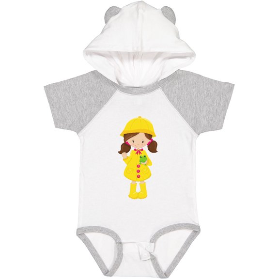 Inktastic Girl With Brown Hair, Yellow Raincoat, Frog Girls Baby Bodysuit