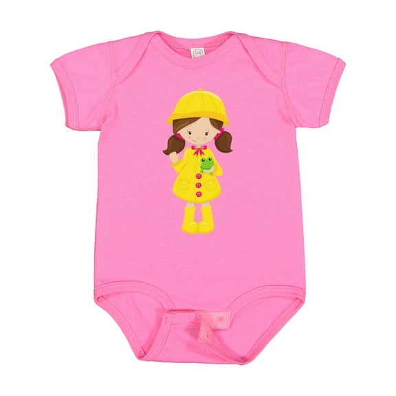Inktastic Girl With Brown Hair, Yellow Raincoat, Frog Girls Baby Bodysuit