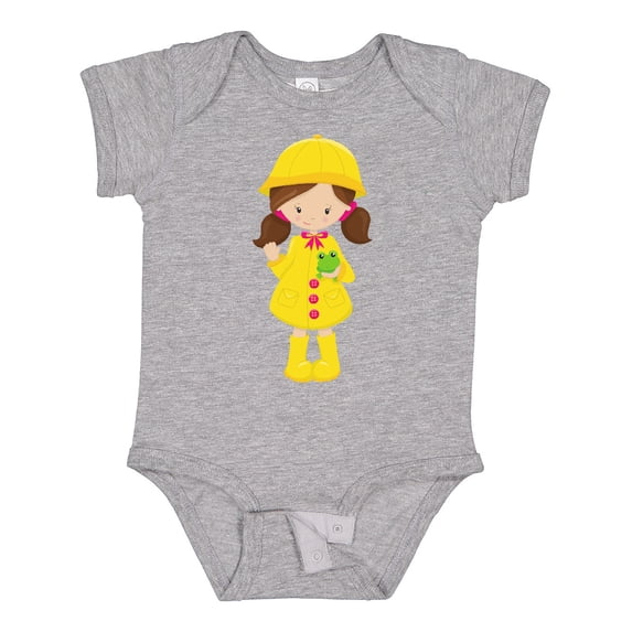 Inktastic Girl With Brown Hair, Yellow Raincoat, Frog Girls Baby Bodysuit