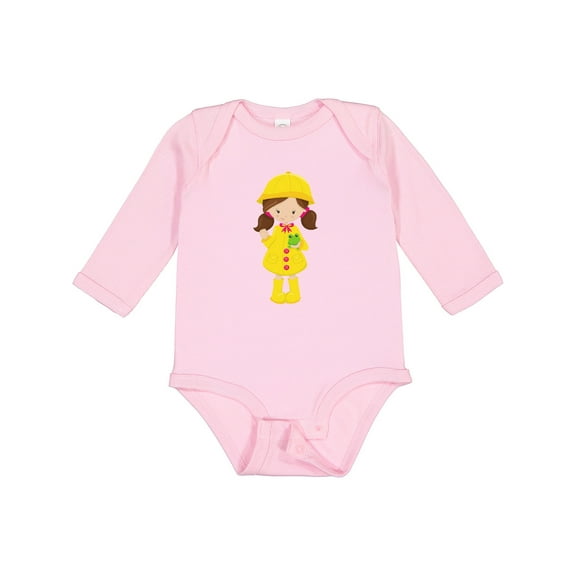 Inktastic Girl With Brown Hair, Yellow Raincoat, Frog Girls Long Sleeve Baby Bodysuit