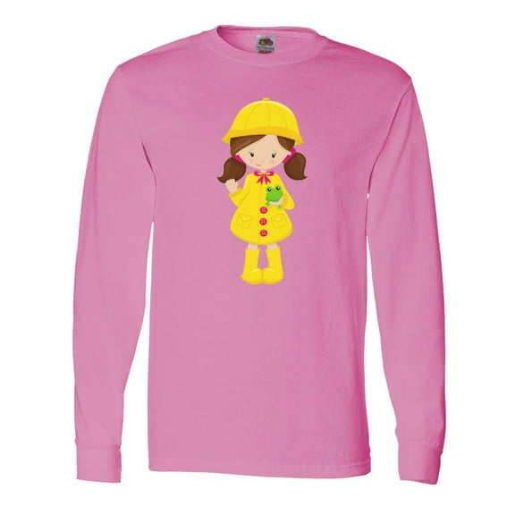 Inktastic Girl With Brown Hair, Yellow Raincoat, Frog Long Sleeve T-Shirt
