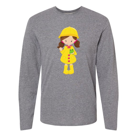 Inktastic Girl With Brown Hair, Yellow Raincoat, Frog Long Sleeve T-Shirt
