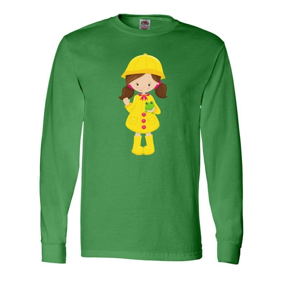 Inktastic Girl With Brown Hair, Yellow Raincoat, Frog Long Sleeve T-Shirt