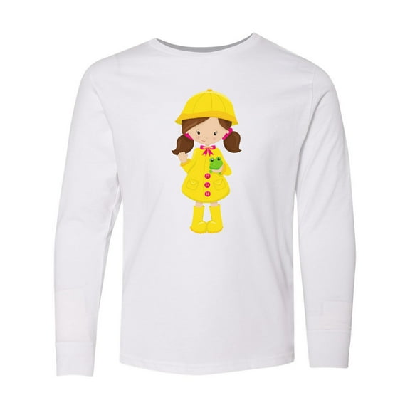 Inktastic Girl in Raincoat, Boots, Brown Hair, Frog Long Sleeve Youth T-Shirt