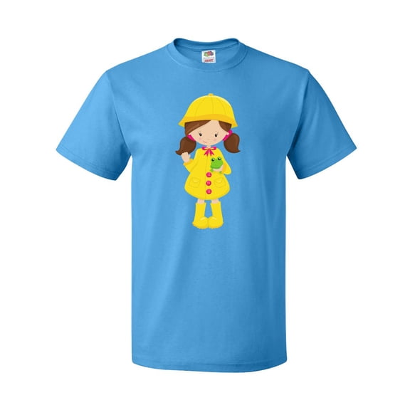 Inktastic Girl With Brown Hair, Yellow Raincoat, Frog T-Shirt