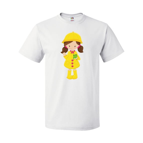 Inktastic Girl With Brown Hair, Yellow Raincoat, Frog T-Shirt