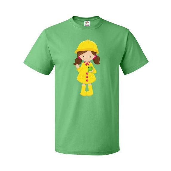Inktastic Girl With Brown Hair, Yellow Raincoat, Frog T-Shirt