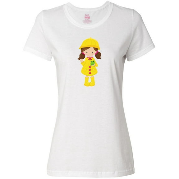 Inktastic Girl With Brown Hair, Yellow Raincoat, Frog Women's T-Shirt