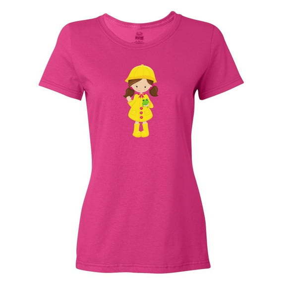 Inktastic Girl With Brown Hair, Yellow Raincoat, Frog Women's T-Shirt