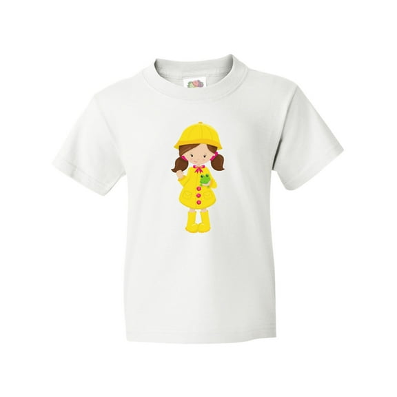 Inktastic Girl With Brown Hair, Yellow Raincoat, Frog Youth T-Shirt