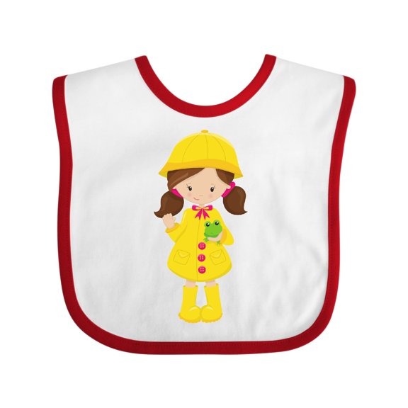 Inktastic Girl in Raincoat, Boots, Brown Hair, Frog Girls Baby Bib