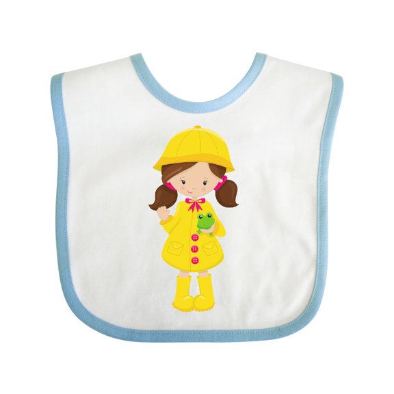 Inktastic Girl in Raincoat, Boots, Brown Hair, Frog Girls Baby Bib