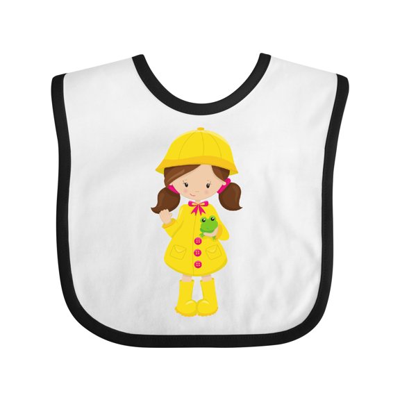Inktastic Girl in Raincoat, Boots, Brown Hair, Frog Girls Baby Bib