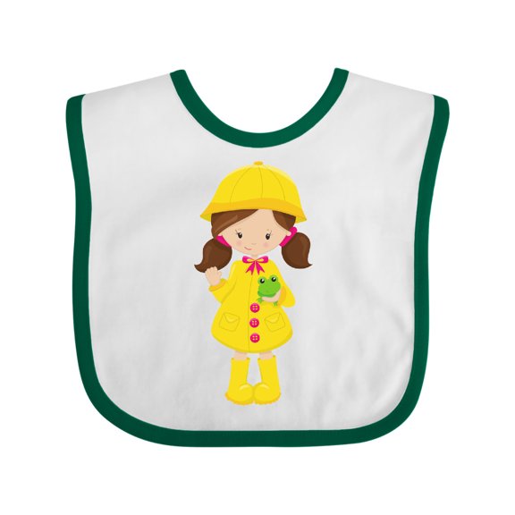 Inktastic Girl in Raincoat, Boots, Brown Hair, Frog Girls Baby Bib