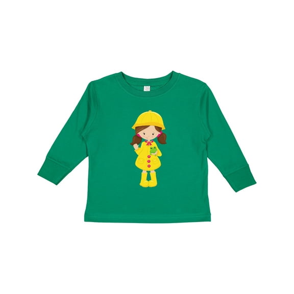 Inktastic Girl in Raincoat, Boots, Brown Hair, Frog Girls Long Sleeve Toddler T-Shirt