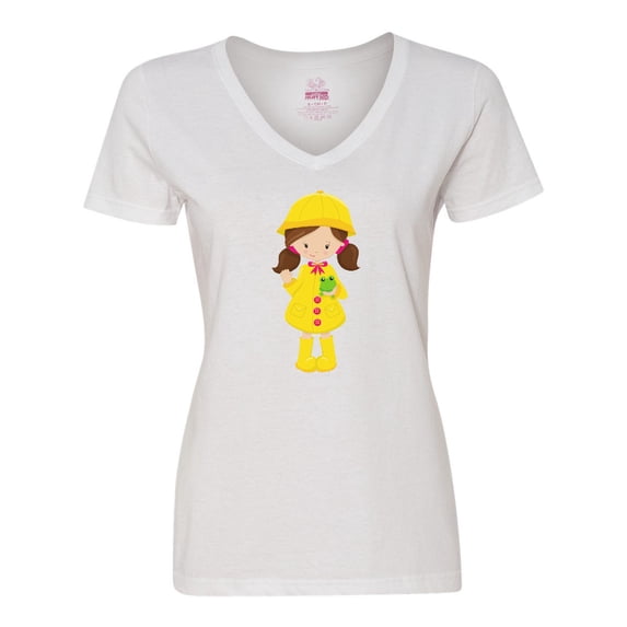 Inktastic Girl with Brown Hair, Yellow Raincoat, Frog Women's V-Neck T-Shirt