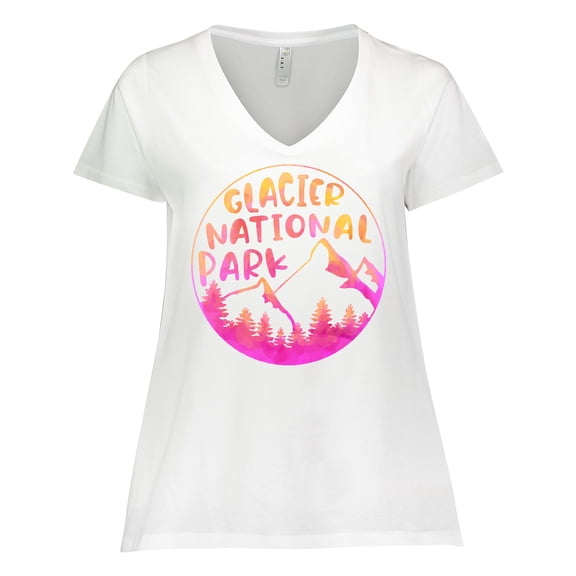 Inktastic Glacier National Park Montana Pink Mountains Women's Plus Size V-Neck T-Shirt