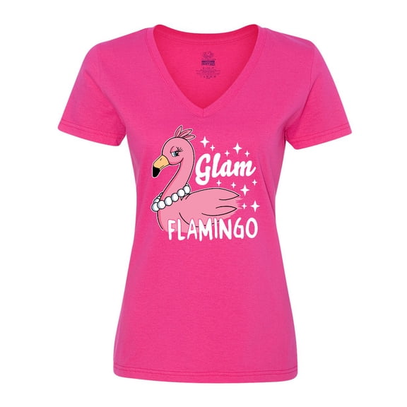 Inktastic Glam Pink Flamingo with Pearls Women's V-Neck T-Shirt